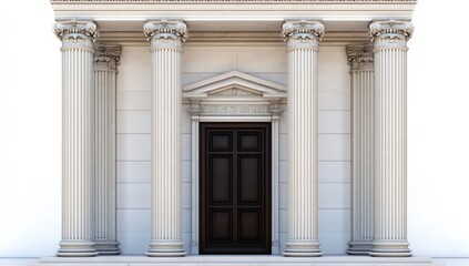 Obraz premium 3D illustration of classical columns with a dark brown door in the middle, against a white background, in the front view.