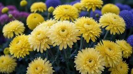 Obraz premium Vibrant yellow chrysanthemums surrounded by a colorful display of blooming flowers in a lush garden setting.