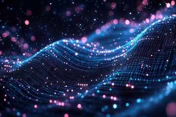 A mesmerizing 3D render of a digital universe with tiny data particles flowing through a glowing cyber grid.