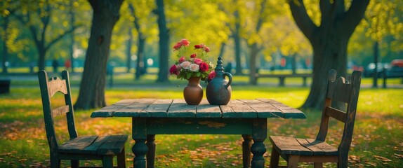 Rustic wooden table with flowers and vintage jug in serene park setting surrounded by vibrant greenery and autumn foliage