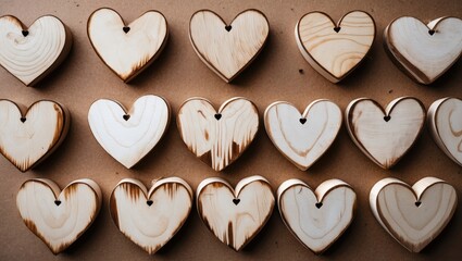 Obraz premium Wooden heart decorations arranged on a brown background for crafting and design purposes
