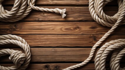 Obraz premium Wooden surface with textured marine rope creating an organic frame and ample copy space for maritime or rustic-themed designs