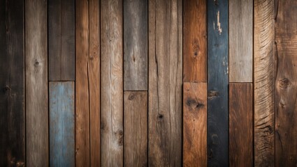 Naklejka premium Textured wooden background showcasing a variety of shades and patterns ideal for rustic design projects and natural aesthetic themes.