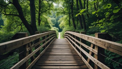 Wooden footbridge leading through lush green forest foliage creating a serene countryside pathway for nature lovers and outdoor enthusiasts