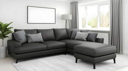 Modern Living Room 3D Illustration Black Leather Sectional Sofa