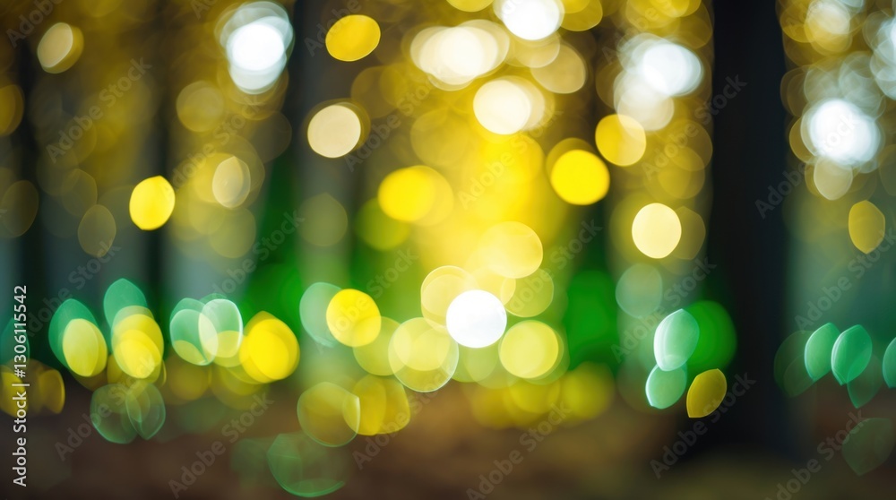 Poster bokeh effect of yellow and green lights creating a soft blurred background from tree foliage in a tr