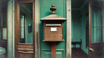 Vintage wooden mailbox with detailed craftsmanship set against a charming room interior in soft green tones for inviting decor themes.