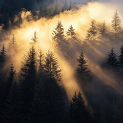 Fototapeta premium A misty mountain forest at sunrise, with the sun's rays breaking through the fog and illuminating the trees in shades of gold, black, and white.