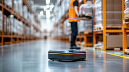 Obraz premium Automated robot in a warehouse assisting with logistics operations.