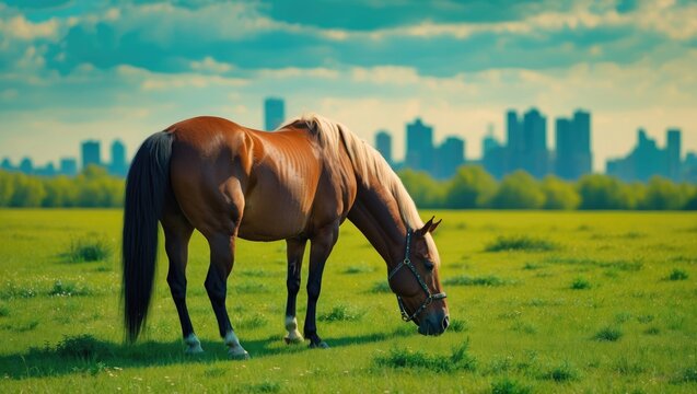 Yakut Horse Grazing on Lush Meadow with Urban Skyline in Background Under Beautiful Cloudy Sky
