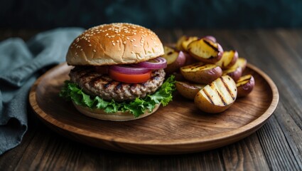 Fresh Homemade Burger with Grilled Potatoes Served on a Wooden Plate Over a Dark Background Capturing a Delicious Meal Experience.