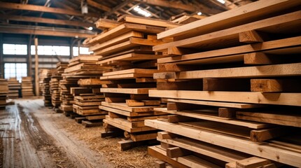 Wooden planks stacked neatly in a sawmill showcasing textures and the rustic interior of a timber yard with natural lighting.