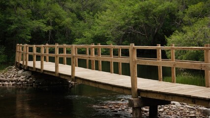 Tranquil wooden bridge over a serene river surrounded by lush greenery in a natural setting ideal for peaceful outdoor moments