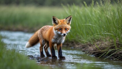 Red Fox Kit Exploring a Shallow Creek Surrounded by Lush Green Grass in a Serene Natural Setting.