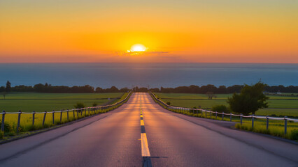 way along green grass to sea with nice sun lighting
