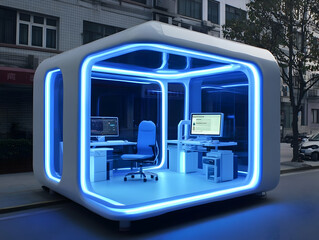 Futuristic Blue Lit Office Pod Interior 3D Render Against Urban