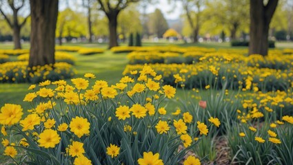 Obraz premium Vibrant Yellow Flowers Blooming in Lush Parks Surrounded by Greenery in a Beautiful Spring Landscape