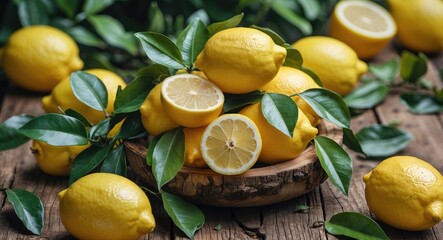 Vibrant yellow Sicilian lemons with green leaves arranged on a wooden background, featuring fresh fruits and space for text.