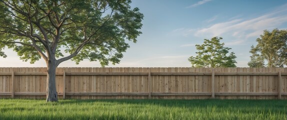 Wooden Fence Surrounded By Lush Green Grass And Trees Under Clear Blue Sky With Space For Custom Text Or Branding