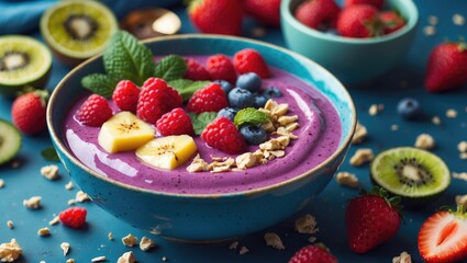 Vibrant smoothie bowl topped with berries and banana on a blue background, featuring fresh fruit and empty space for your text. Healthy breakfast idea.