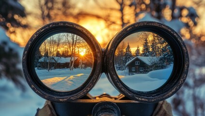 A pair of binoculars reflecting the winter landscape, with houses and trees visible through their lenses, creating an enchanting view of nature in the snow-covered forest at sunset.