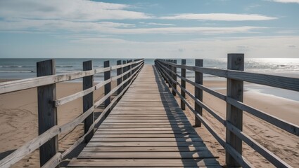 Serene Wooden Boardwalk Leading Towards Tranquil Beach and Ocean Under Clear Sky Ideal for Text Overlay and Coastal Themes