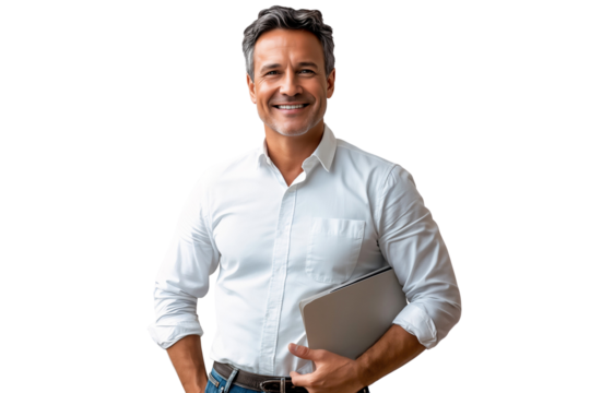 Portrait of a smiling businessman holding a tab for working, isolated on transparent background