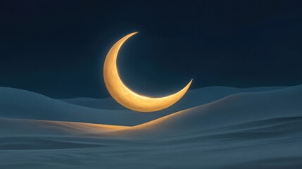 Mystical Crescent Moon Shining Over Serene Desert Landscape