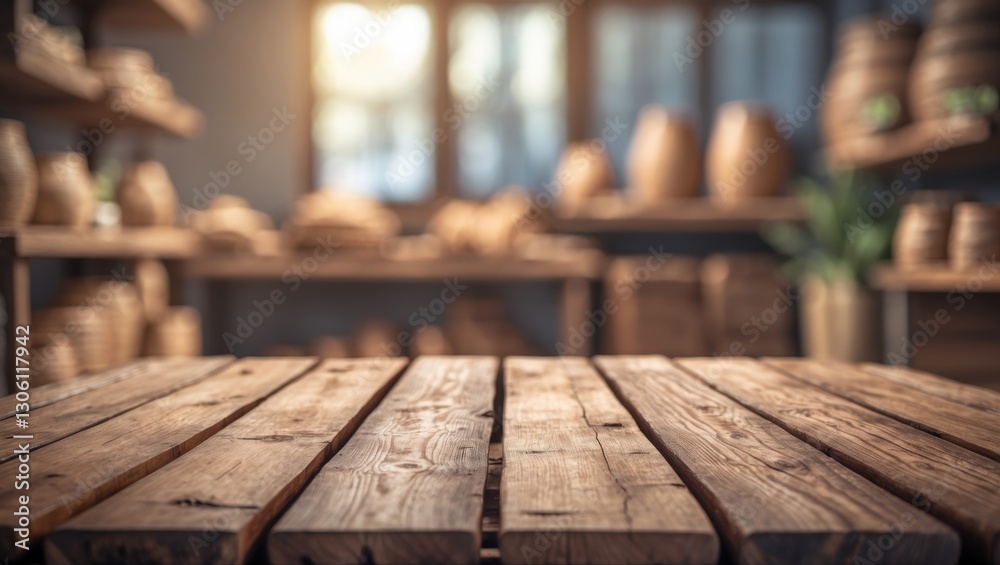 Poster wooden table surface in artisan workshop with blurred background for product display and empty text 