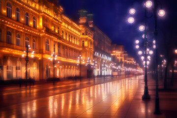 Fototapeta premium Golden Lit City Street Photo Reflection Of Buildings At Night With