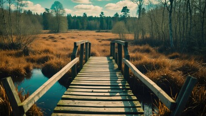 wooden footbridge over a tranquil bog in the countryside surrounded by golden grasses and trees under a blue sky