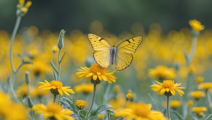 Yellow butterfly perched on vibrant yellow flowers in a blooming field under soft natural light showcasing nature's beauty and tranquility.