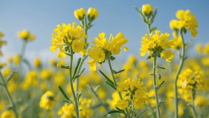 Obraz premium Vibrant Yellow Rapeseed Flowers Blooming in Nature Captured in Close-Up Against a Clear Sky Ideal for Agricultural and Floral Themes