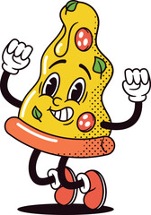 Retro cartoon pizza fastfood character