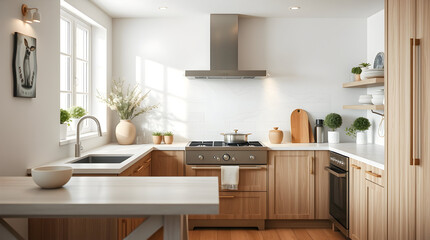 A blurred, bright kitchen interior with wooden cabinets, stainless steel appliances, and a white countertop.