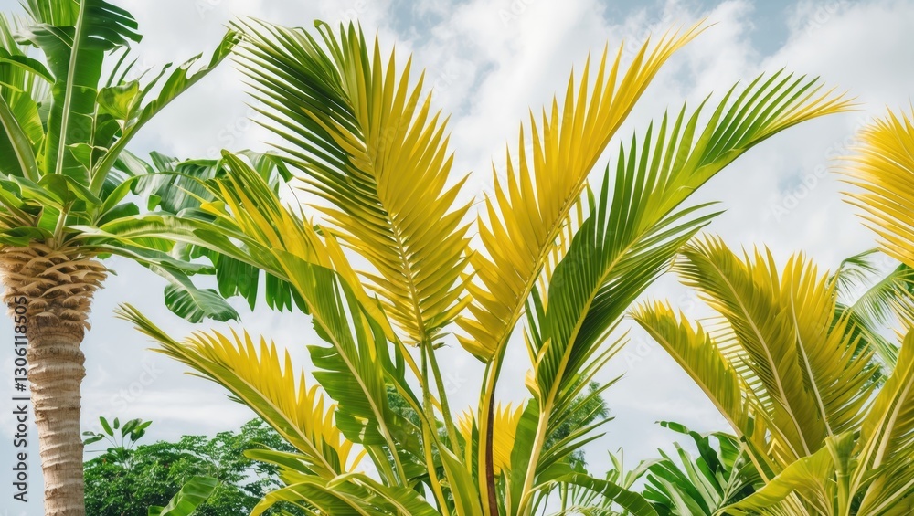 Wall mural tropical yellow palm leaves isolated on white background with clipping path and empty space for text