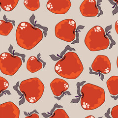 Seamless pattern with apple on color background. Natural delicious fresh ripe tasty fruit. Vector illustration for print, fabric, textile, banner, design. Stylized apples with leaves. Food concept.