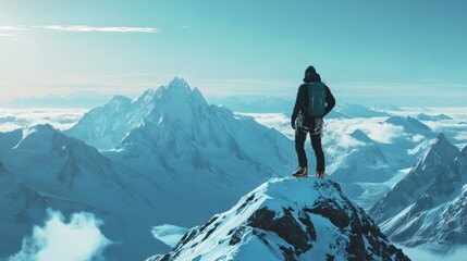 Climber taking a deep breath on top of a frozen summit,