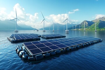 Floating solar panels & wind turbines generate clean energy in a serene lake setting.