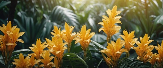 Vibrant Yellow Tropical Flowers Surrounded by Lush Greenery with Space for Text or Branding in a Natural Setting