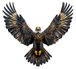 eagle with wings spread wide, showcasing its majestic feathers and powerful stance. bird sharp gaze and detailed plumage are highlighted against clear background