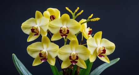 Vibrant Yellow Wild Orchid Bouquet Against Dark Background Showcasing Unique Petals Pistils and Stamens in Nature's Beauty