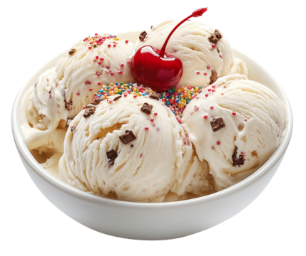 bowl of creamy ice cream topped with colorful sprinkles and cherry, creating delightful dessert