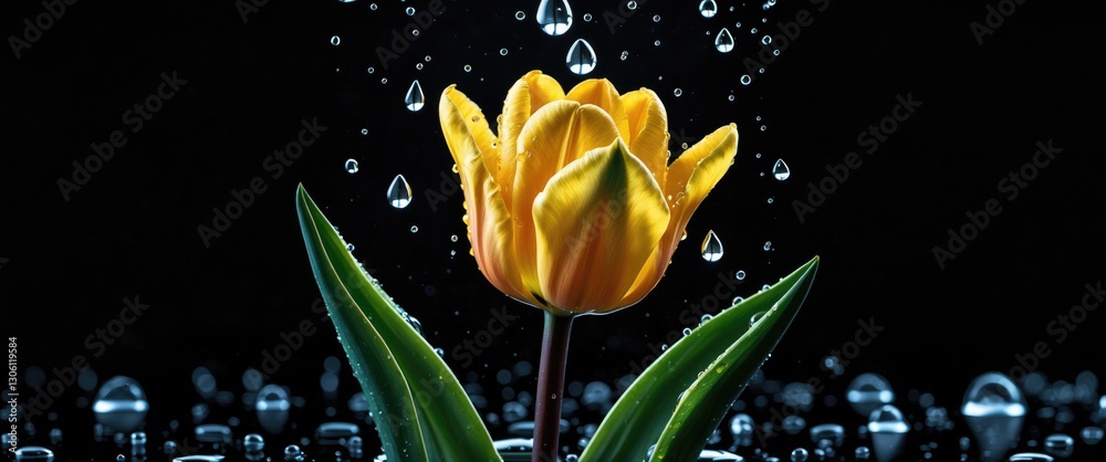 Canvas Prints yellow tulip with water droplets on leaves against a black background creating a serene and elegant 