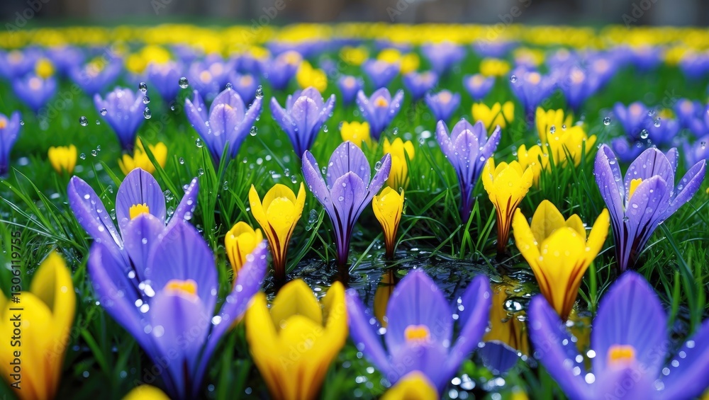 Wall mural vibrant crocuses in bloom with water drops on green grass creating a lush spring landscape and ideal