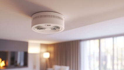 A photo of an indoor smoke detector with a circular design and white color, hanging on the ceiling in a living room. 
