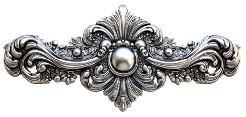 Ornate silver pattern with intricate floral and scroll details, featuring central round element