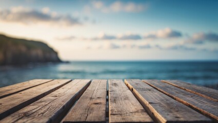 Fototapeta premium Wooden Tabletop Front View with Blurred Ocean and Sky Background Featuring Space for Text or Graphics