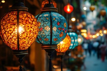 Colorful oriental lanterns illuminating a street market at night