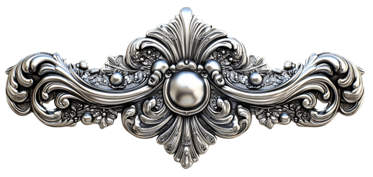 Ornate silver pattern with intricate floral and scroll details, featuring central round element